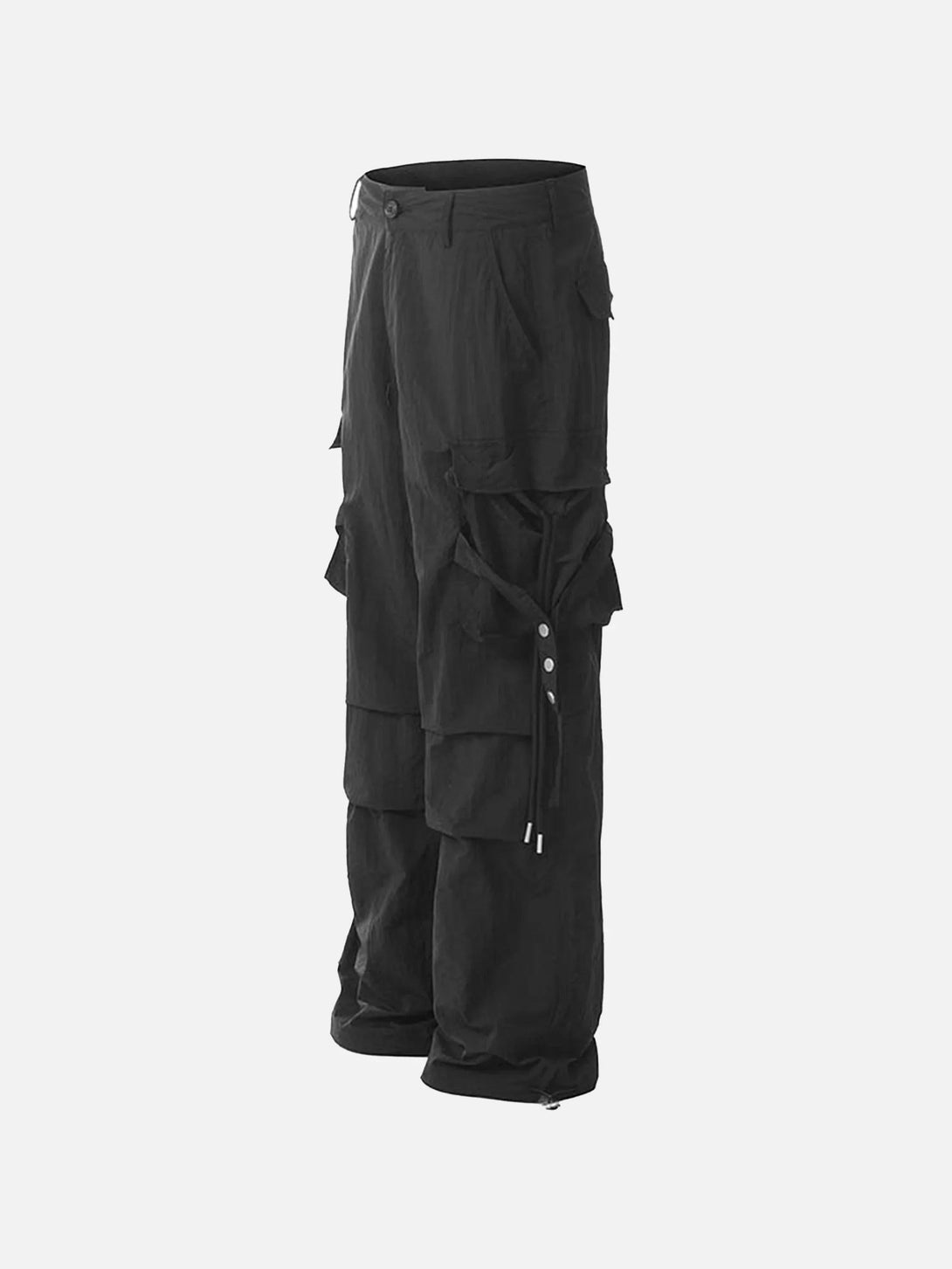 Side view of black pleated bandage cargo pants with drawstring accents by TALISHKO.