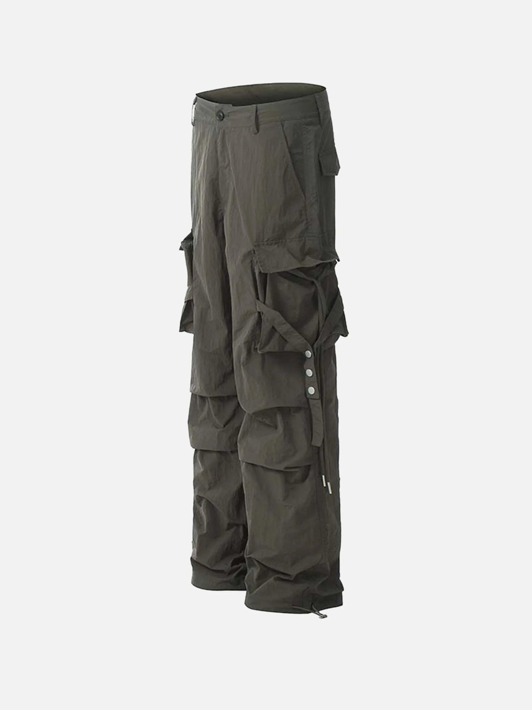 Dark pleated bandage cargo pants by TALISHKO, showcasing a stylish side view.