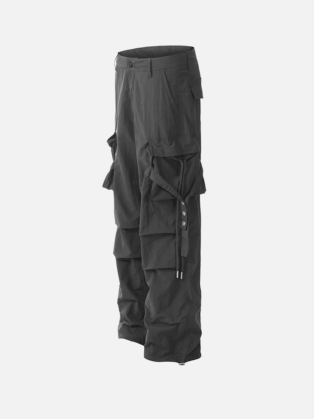Side view of black pleated cargo pants with drawstring details by TALISHKO, perfect for streetwear.