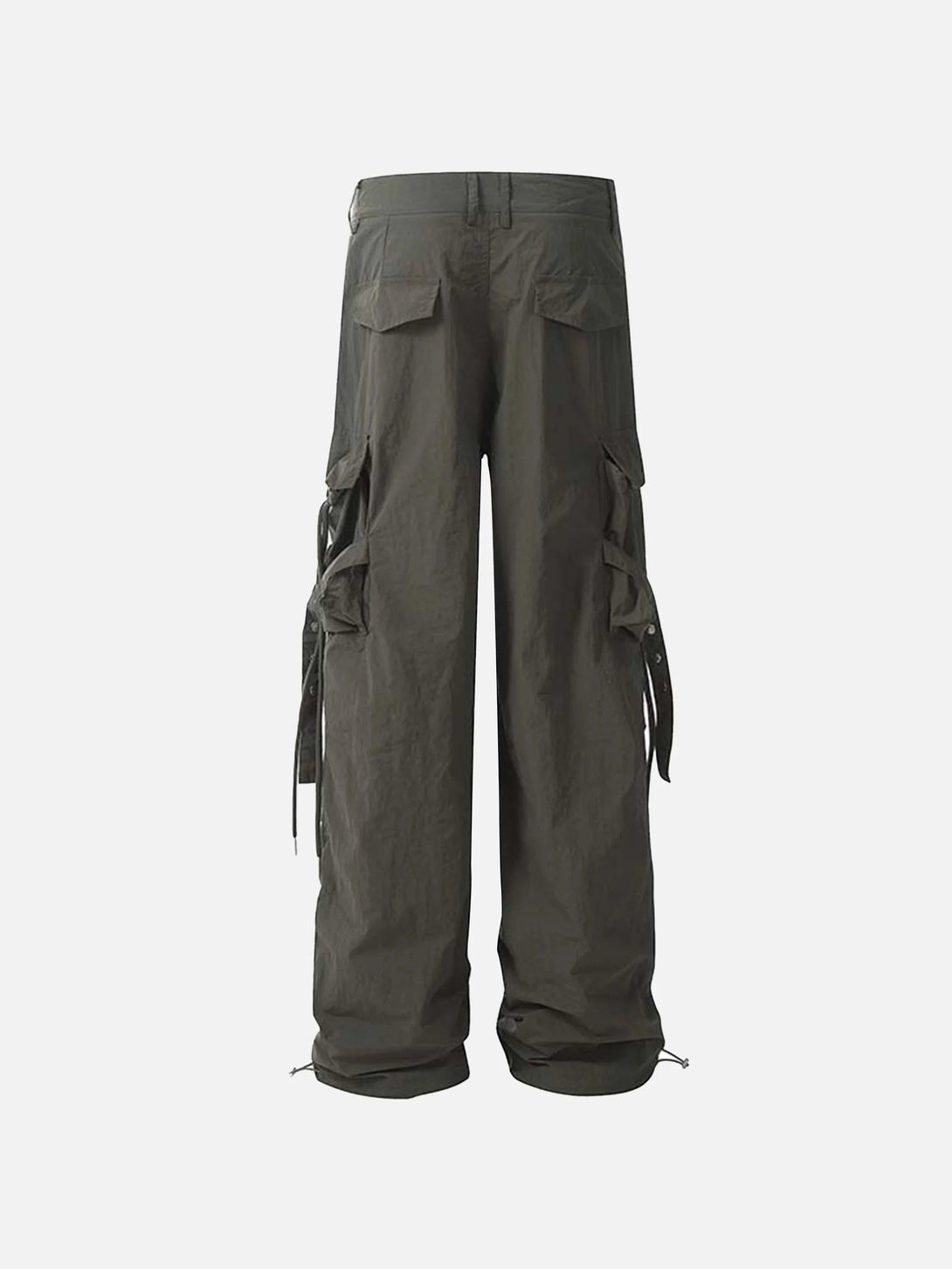 Back view of pleated bandage drawstring cargo pants by TALISHKO, featuring a rugged style.
