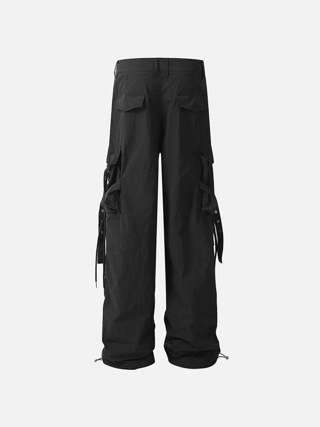 Back view of TALISHKO black cargo pants, highlighting pleated bandage and drawstring details.