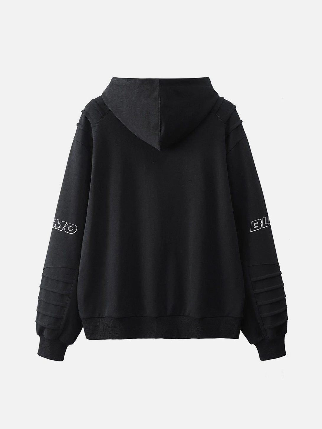 Back view of TALISHKO hoodie featuring pleated sleeve details and stylish material design.