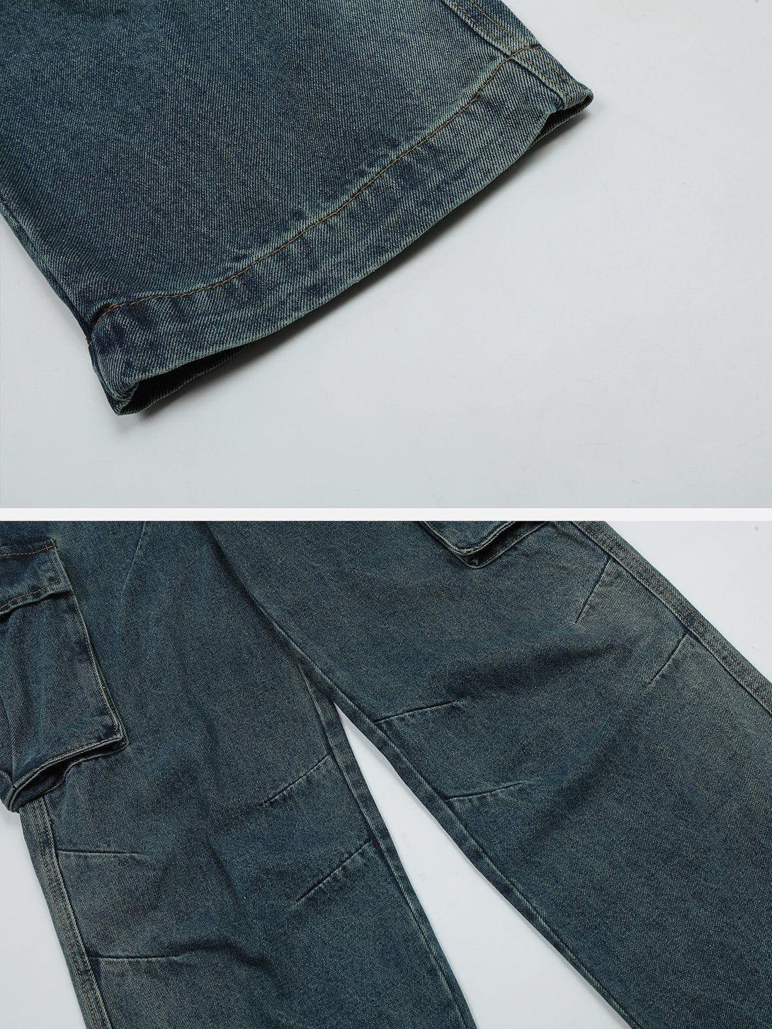 Detailed fabric and stitching of pleated pocket jeans by TALISHKO, highlighting unique craftsmanship.