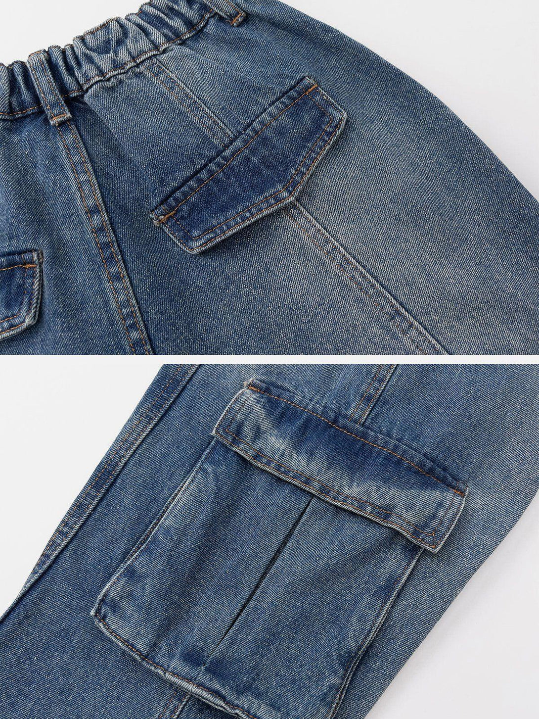 A detailed view of TALISHKO pleated multi-pocket jeans, highlighting stitching and pocket design.
