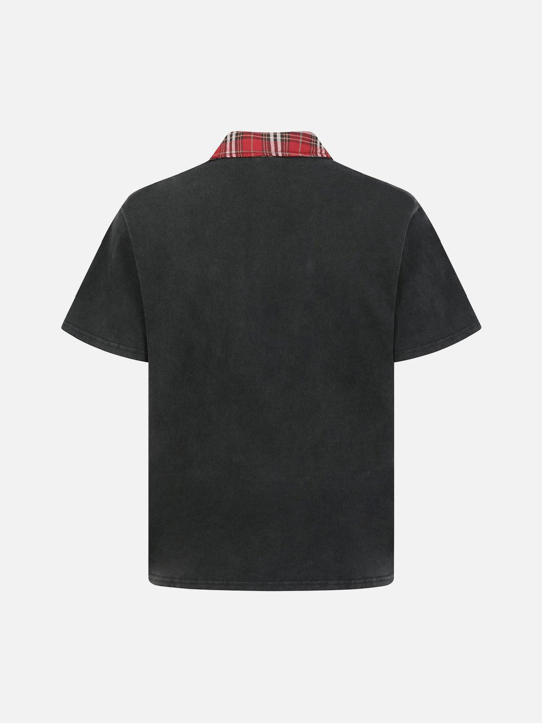 Back view of TALISHKO polo T-shirt featuring a plaid lapel, adding a unique touch to casual wear.
