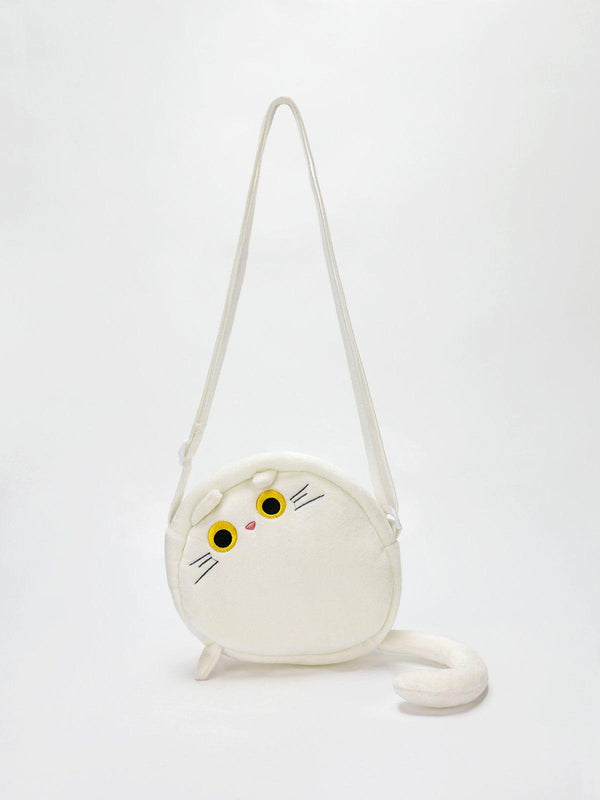 Cute plush cat crossbody bag by TALISHKO, featuring playful design with yellow eyes and a tail.