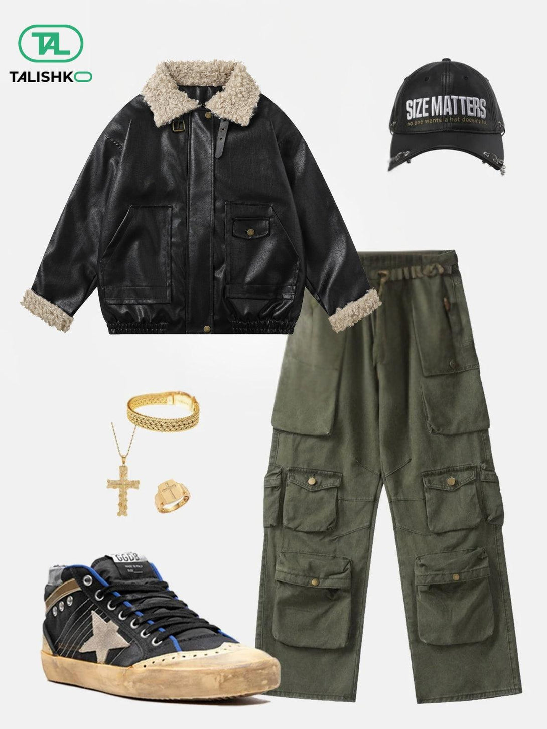 Stylish ensemble featuring a TALISHKO plush collar jacket and cargo pants with accessories.