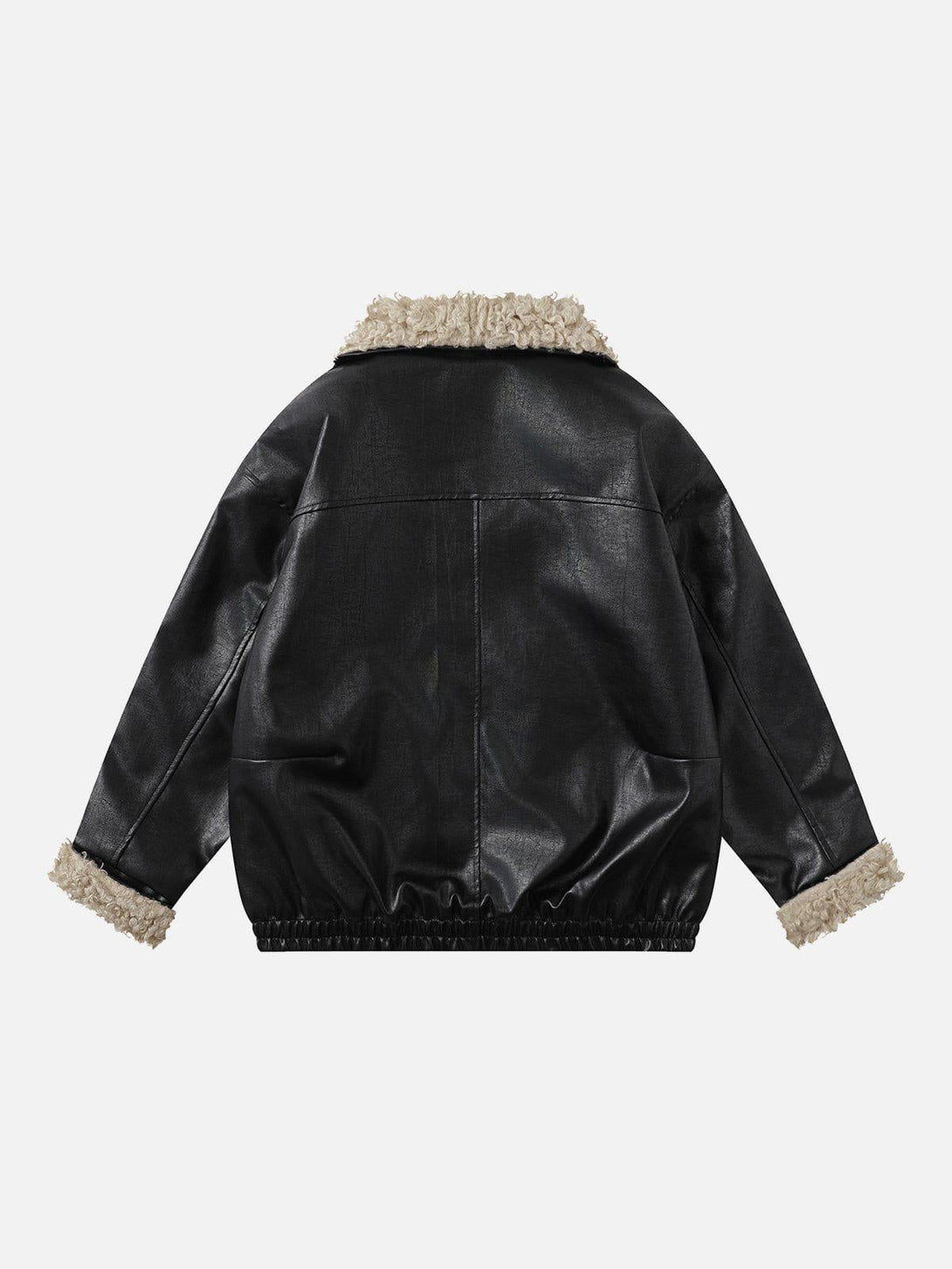 Back view of black faux leather jacket featuring a plush collar, crafted by TALISHKO for stylish layering.