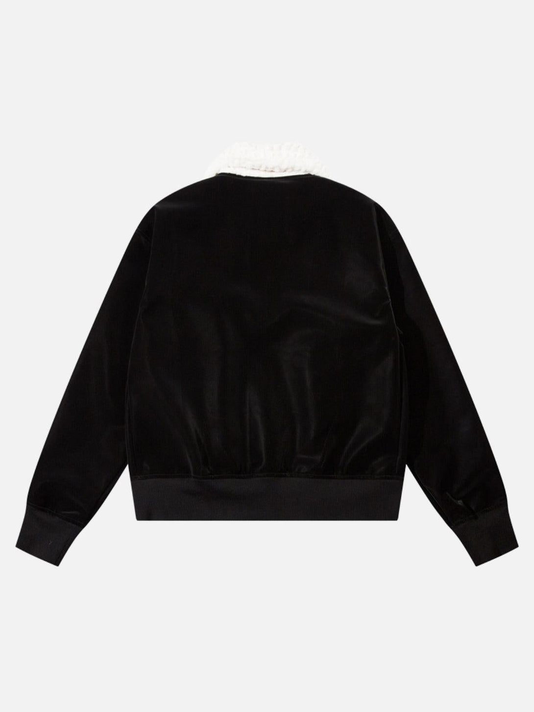 Back view of a black suede faux leather jacket with plush collar by TALISHKO, showcasing sleek design.