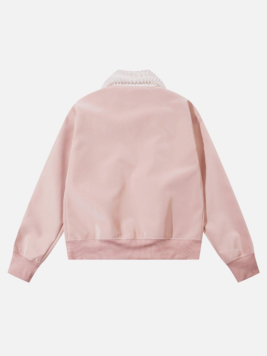 Back view of a plush collar faux leather jacket in pink by TALISHKO, highlighting casual elegance.