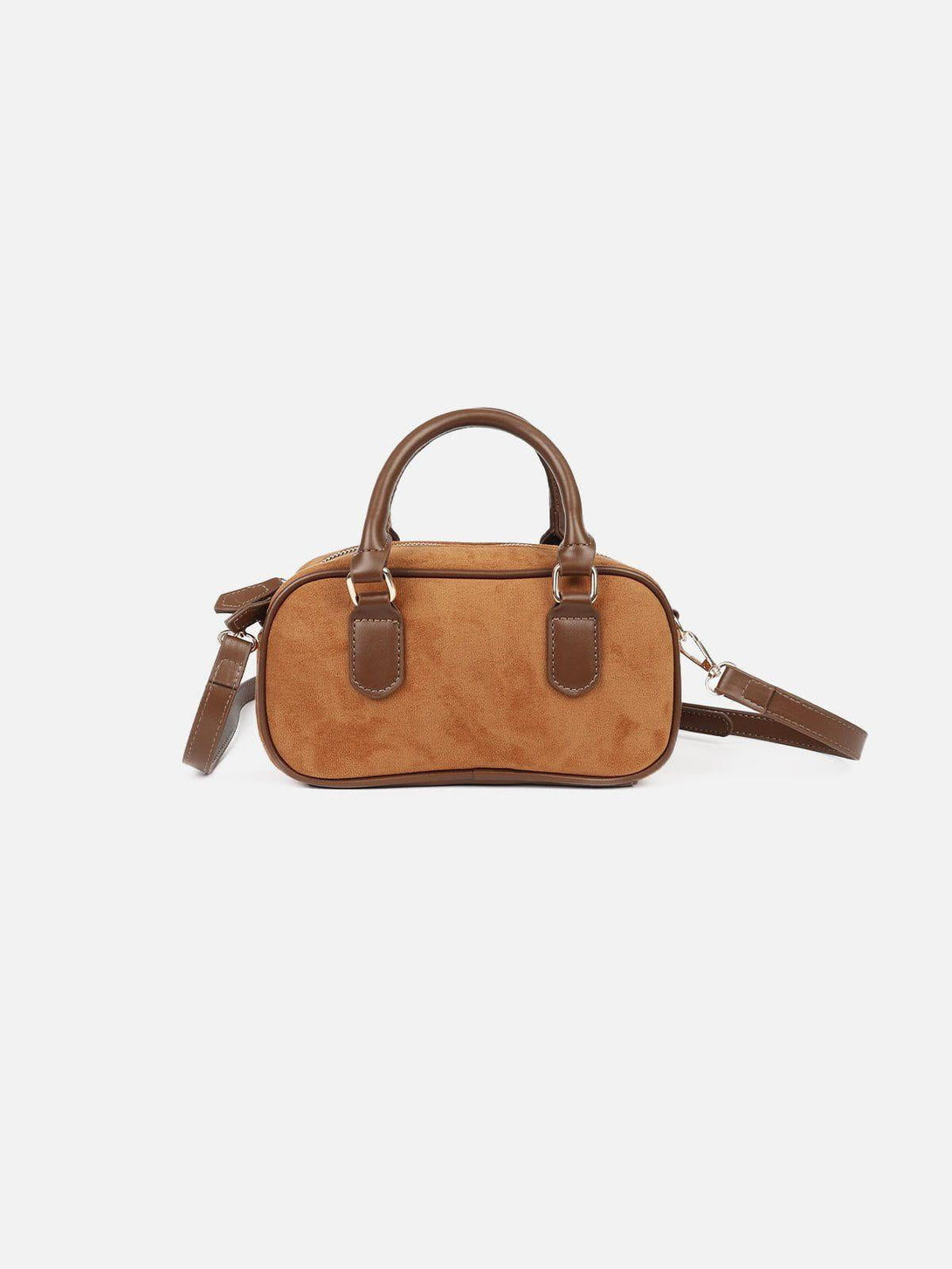 A stylish brown suede bag by TALISHKO with sturdy handles and a detachable strap.