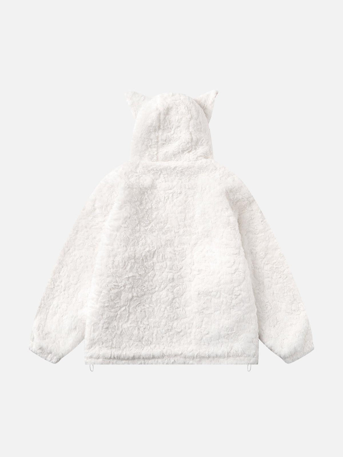 Back view of a white plush ear hoodie jacket by TALISHKO, showcasing cozy texture and style.