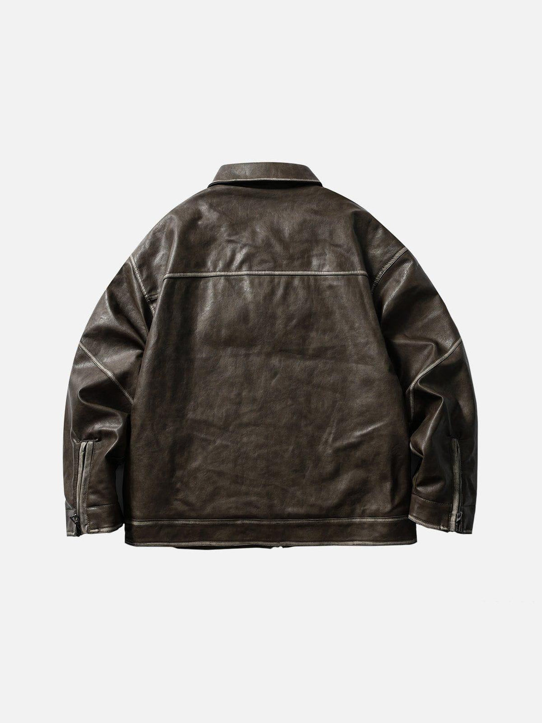 Back view of TALISHKO's patchwork faux leather jacket showcasing its unique texture.