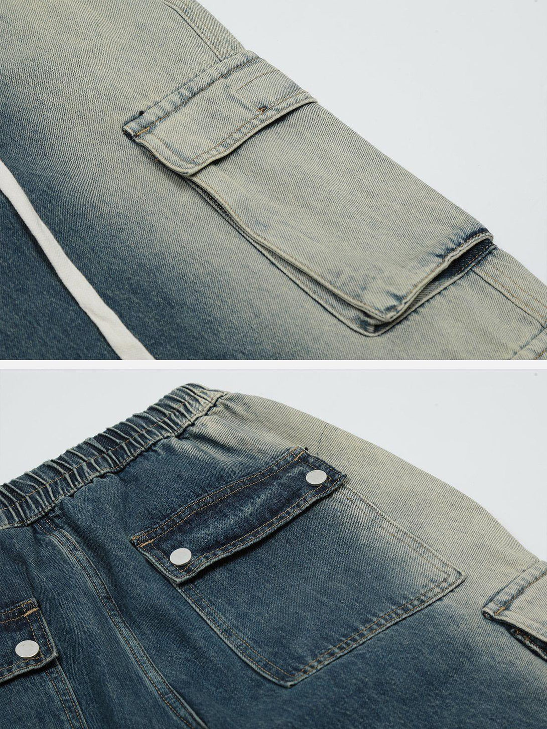 Zoomed-in on TALISHKO jeans, showcasing flap pocket details and faded denim texture.