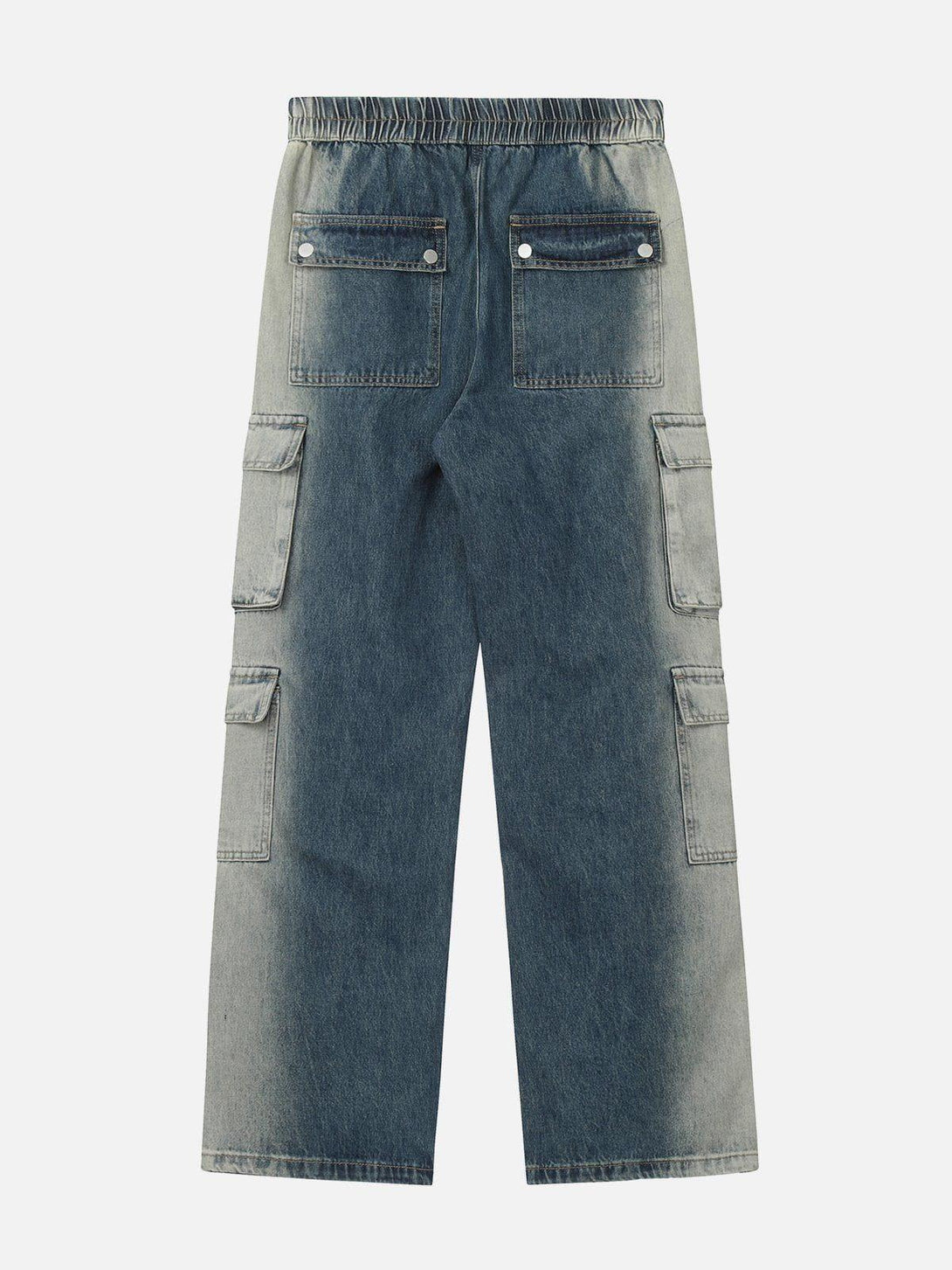 Back view of TALISHKO jeans showcasing flap pockets and cargo style in a faded blue tone.