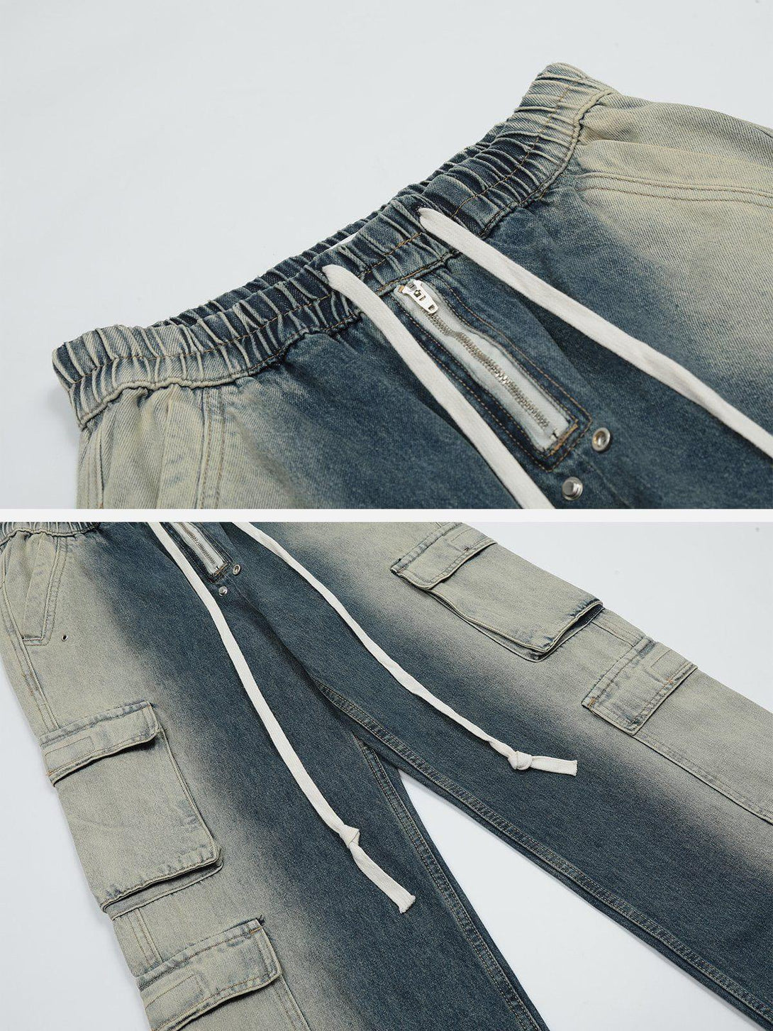 A detailed look at TALISHKO's jeans, highlighting the drawstring waist and flap pockets.