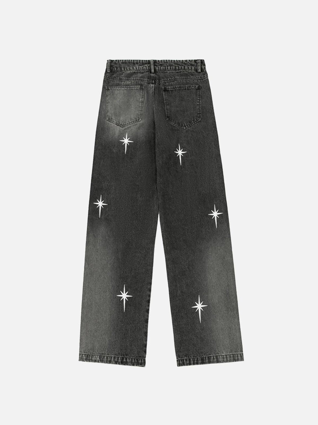 Back view of TALISHKO washed jeans with star prints, enhancing a modern wardrobe.