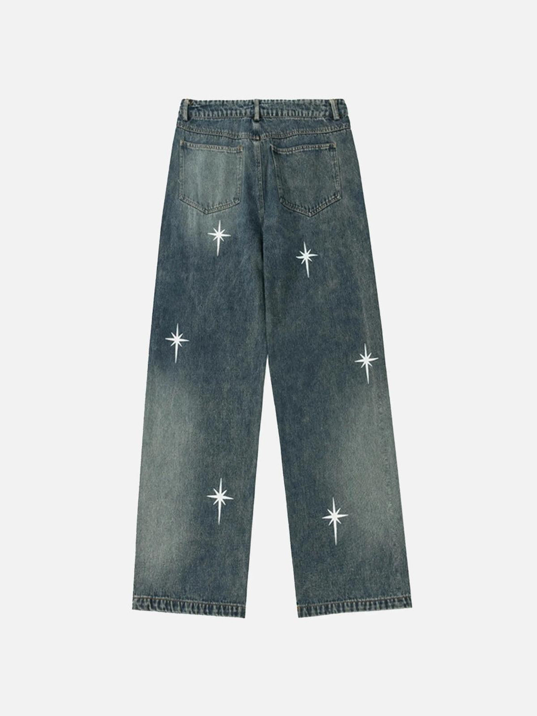 Back view of TALISHKO washed straight jeans with star print, adding a unique touch to any look.