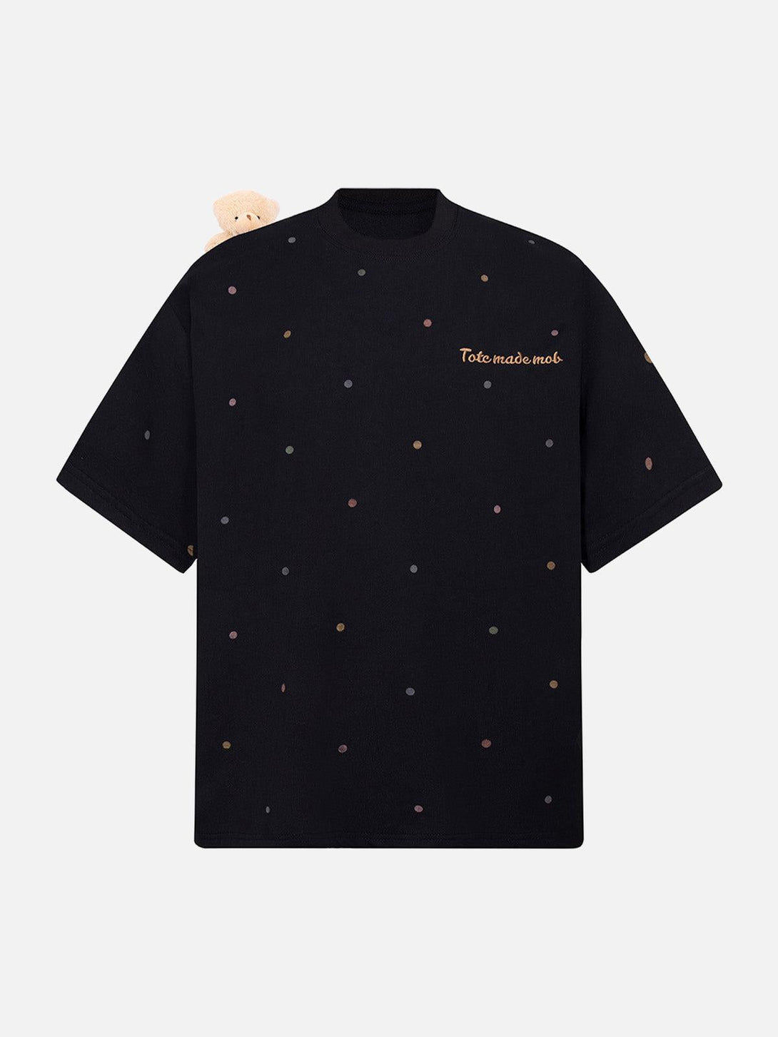 Black polka dot t-shirt with a playful bear detail by TALISHKO, showcasing a fun summer vibe.