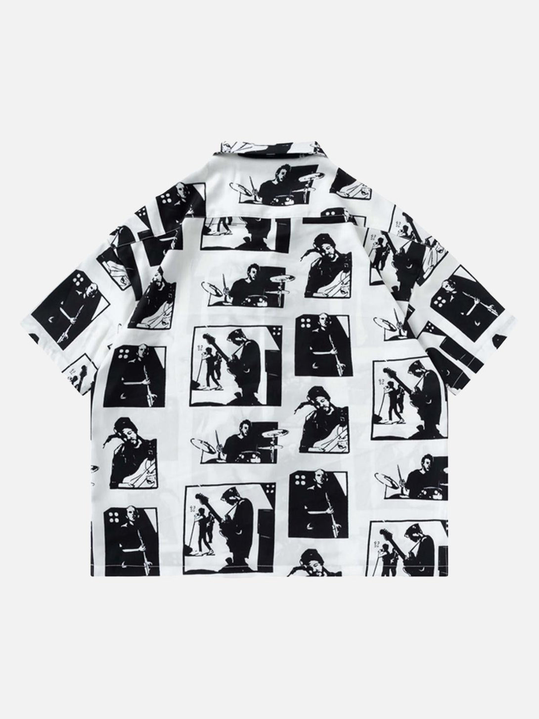 Back view of a portrait-patterned short-sleeved shirt by TALISHKO, showcasing bold graphics.