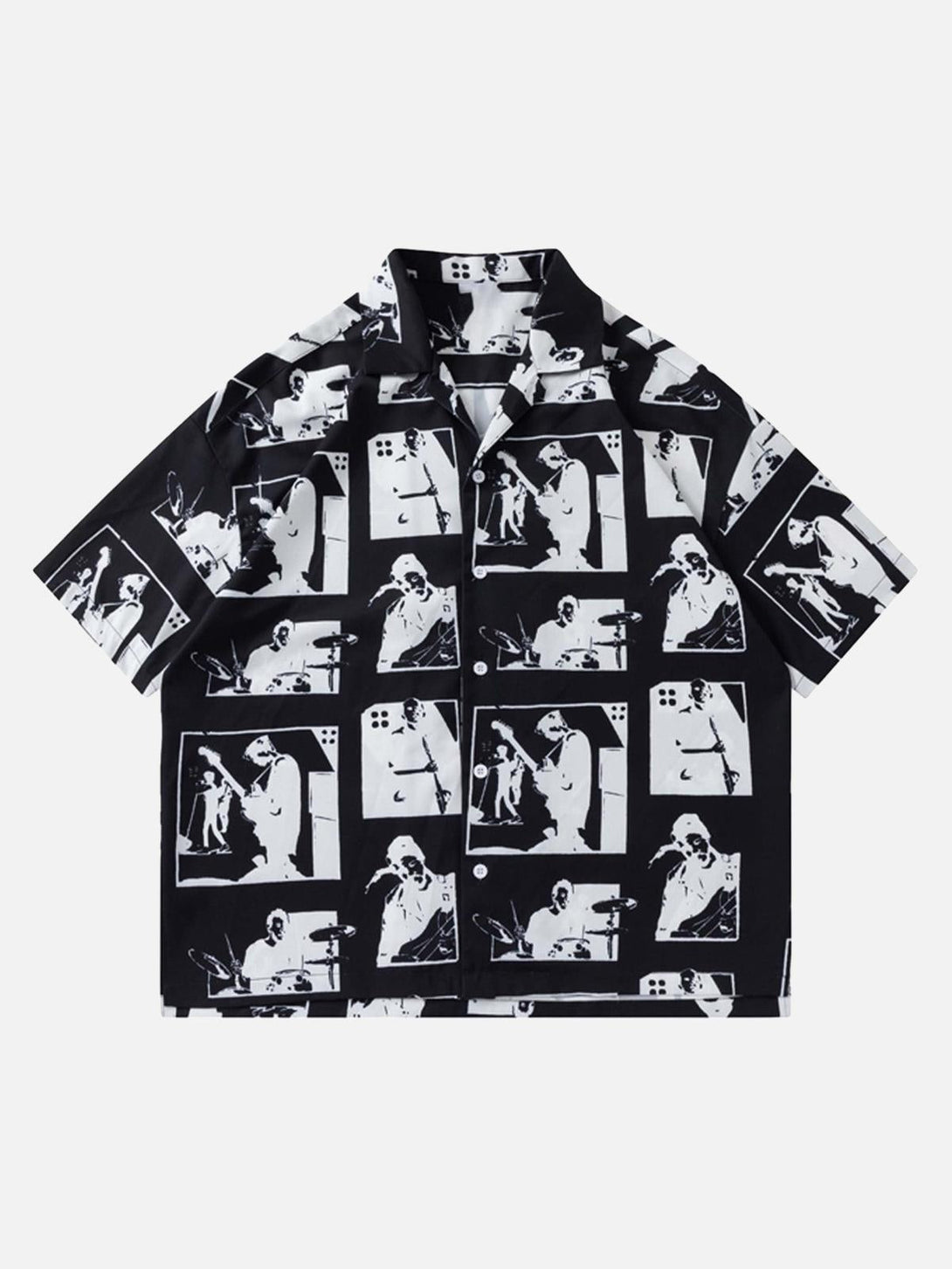 Front view of a black portrait-patterned shirt by TALISHKO, featuring short sleeves and bold style.