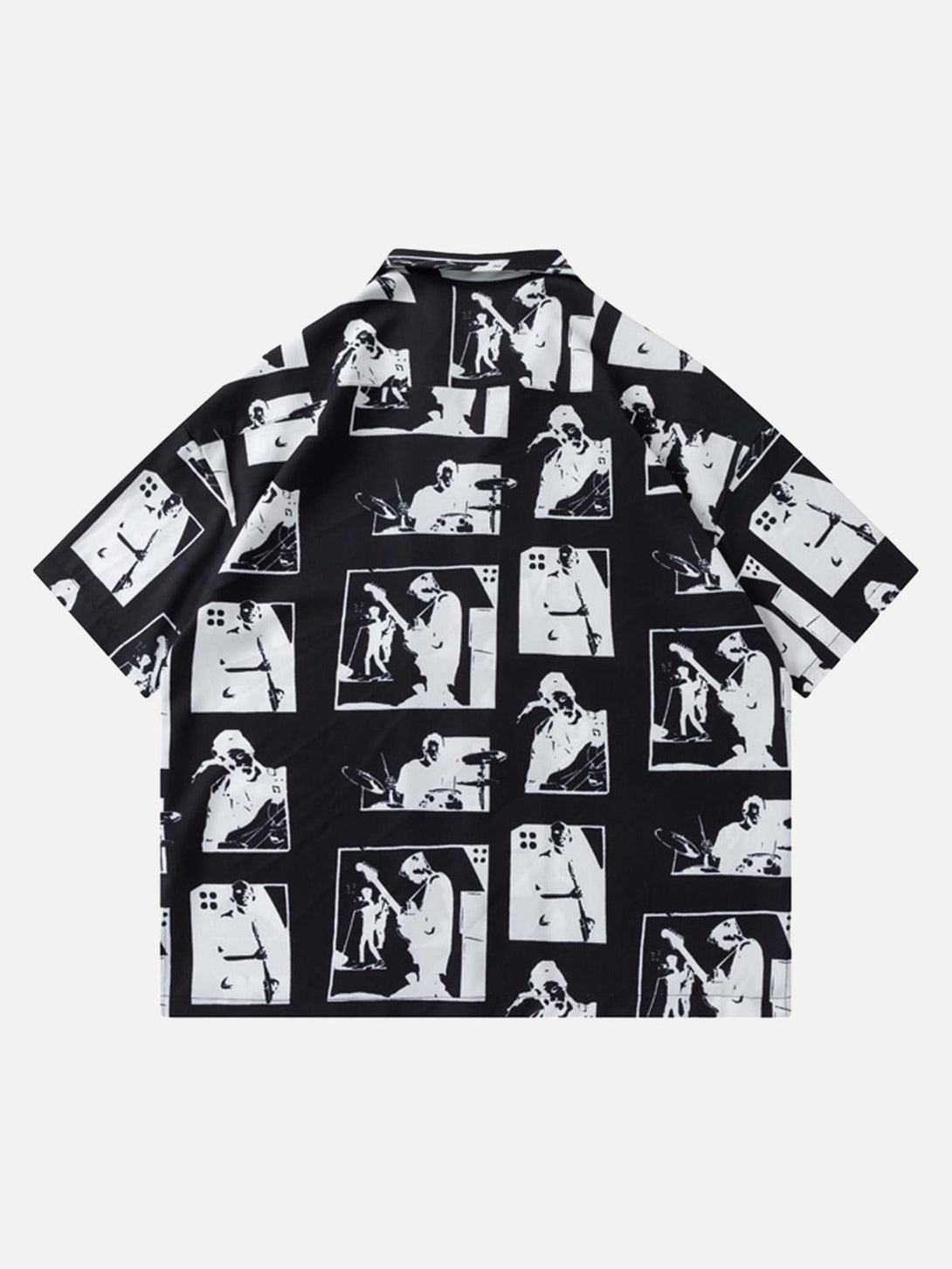 Back view of a portrait-patterned short-sleeved shirt by TALISHKO, featuring bold graphics.