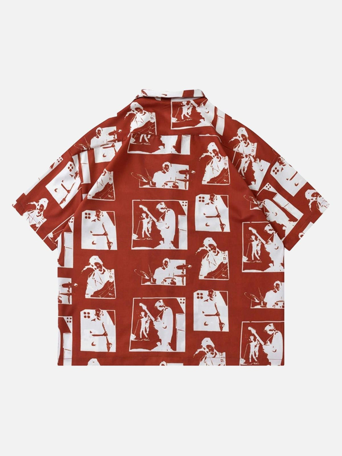 Back view of a red portrait-patterned short-sleeved shirt by TALISHKO, perfect for unique style.