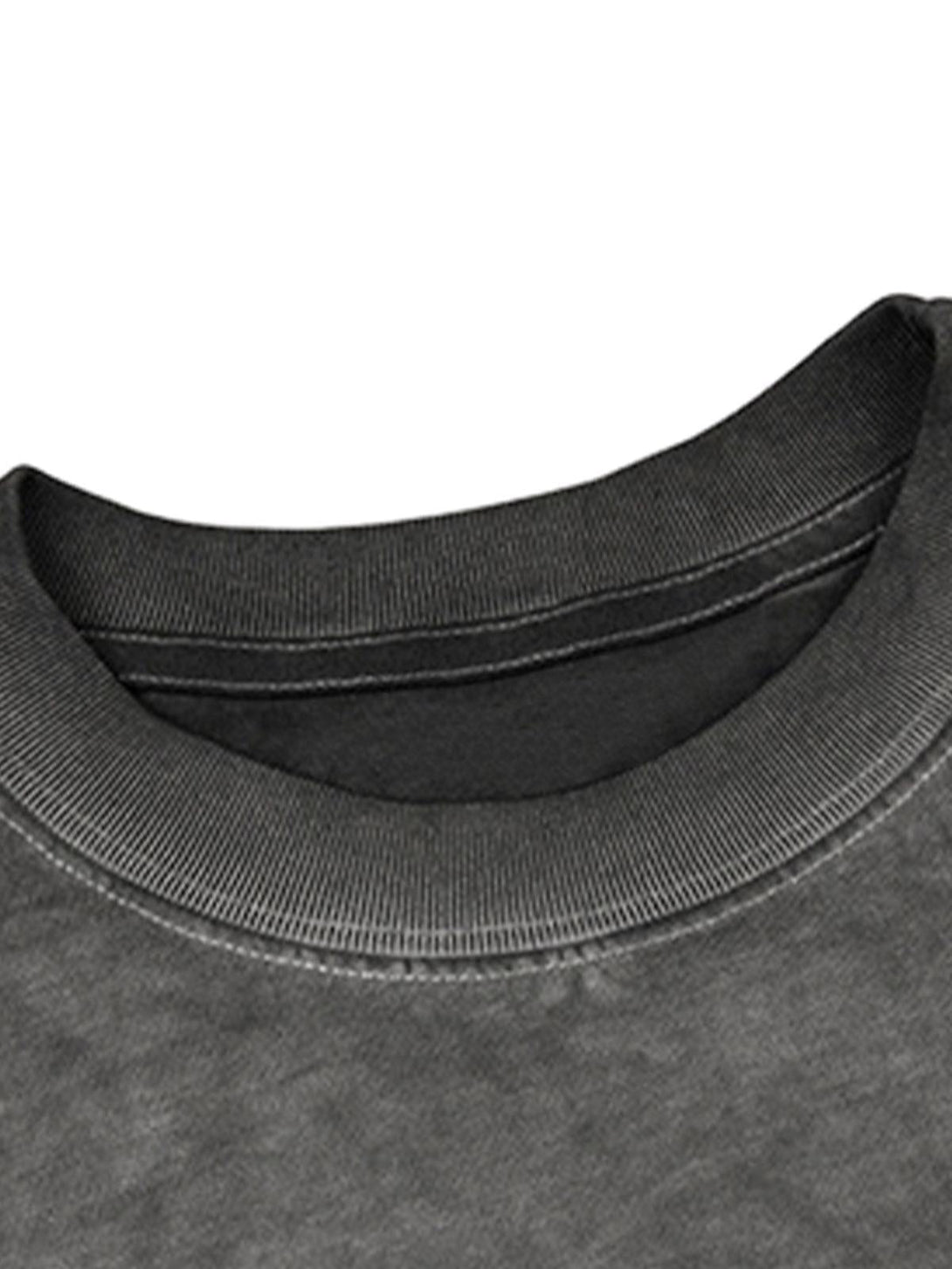 A detailed look at the TALISHKO crew neck T-shirt's ribbed collar, showcasing texture and quality.