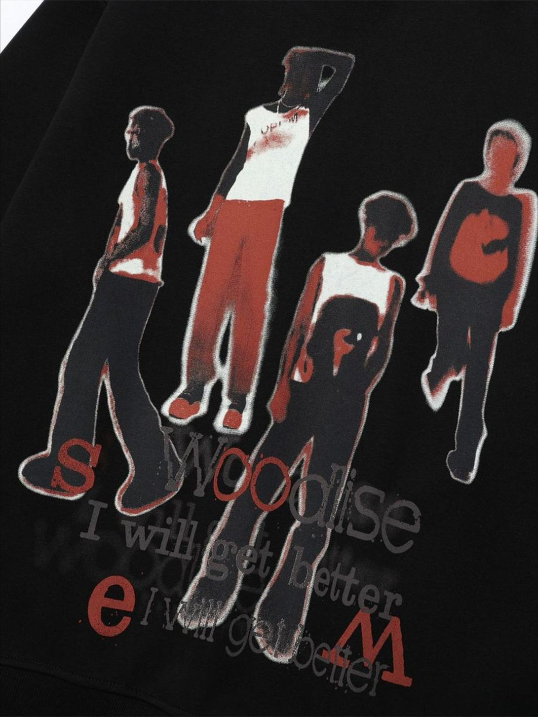 A detailed look at the graphic design on a black portrait print hoodie by TALISHKO.