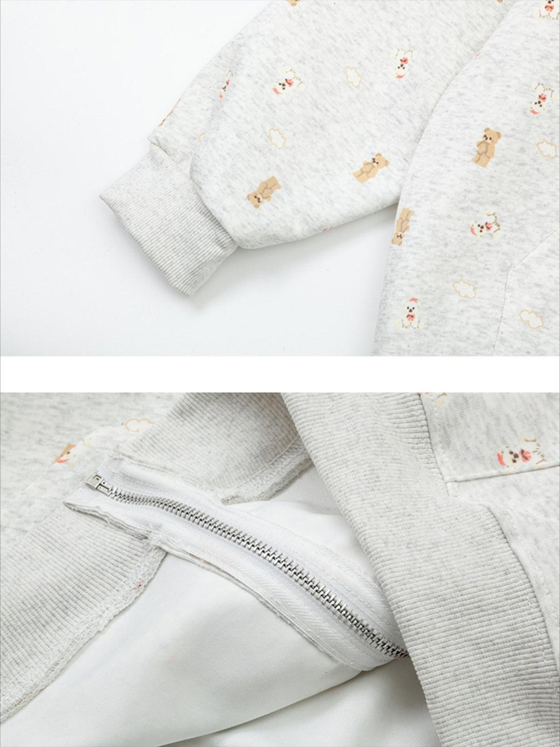Intricate view of bear print and zipper detail on the hoodie by TALISHKO, highlighting cozy charm.