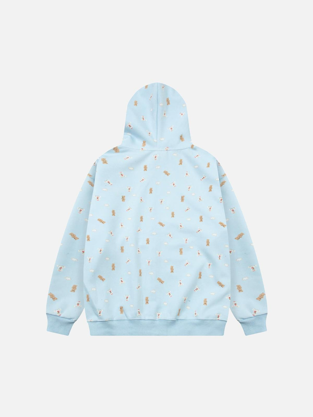 Back view of a blue hoodie with bear print design by TALISHKO, adding charm to casual looks.