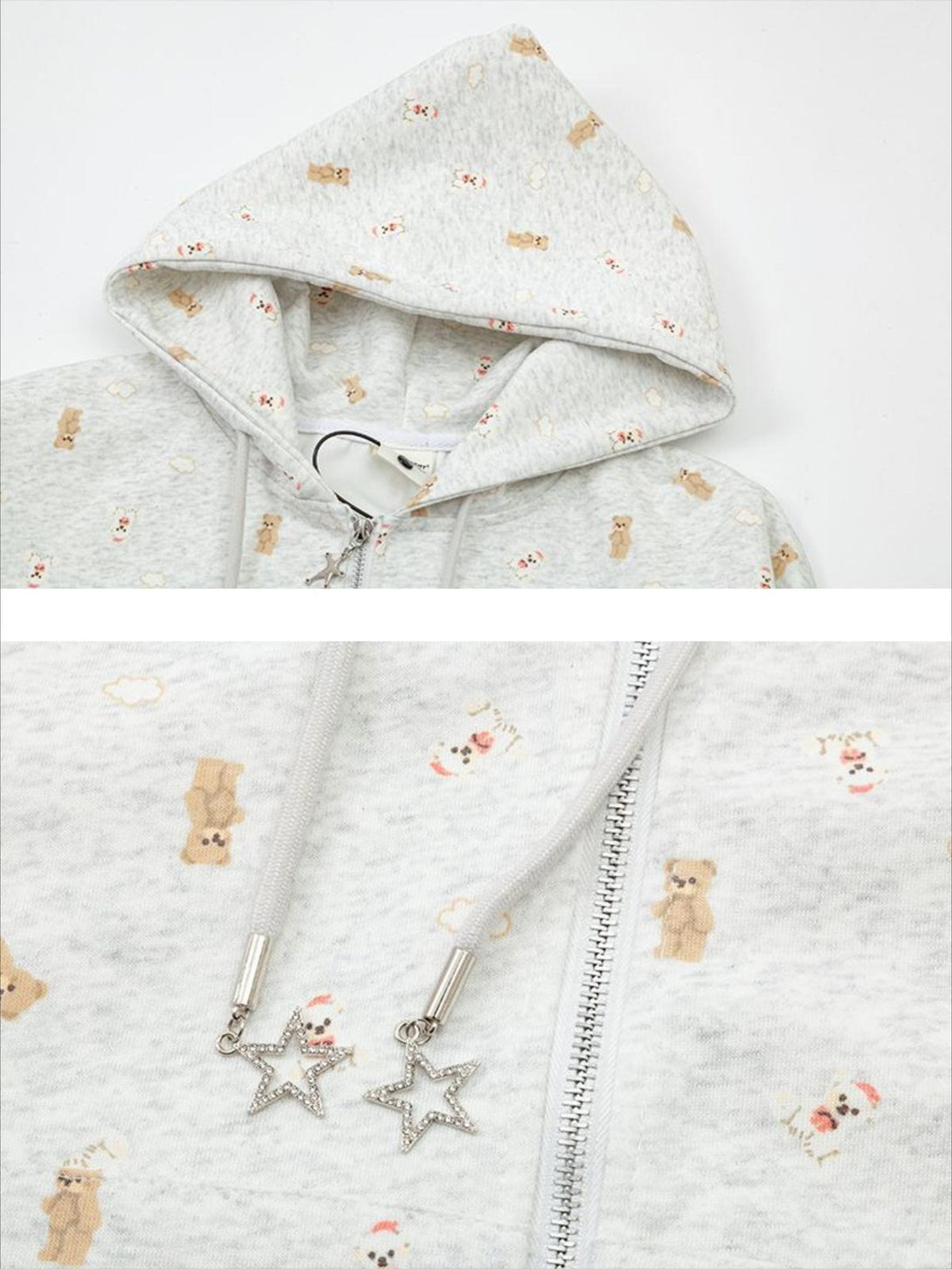 A detailed look at the adorable bear print hoodie by TALISHKO, featuring star charm accents.