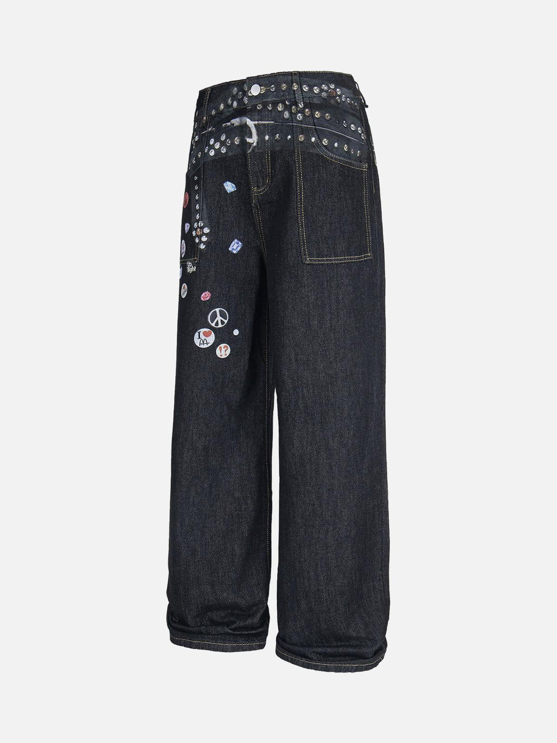 Back view of TALISHKO baggy jeans with playful prints and embellishments, showcasing unique style.
