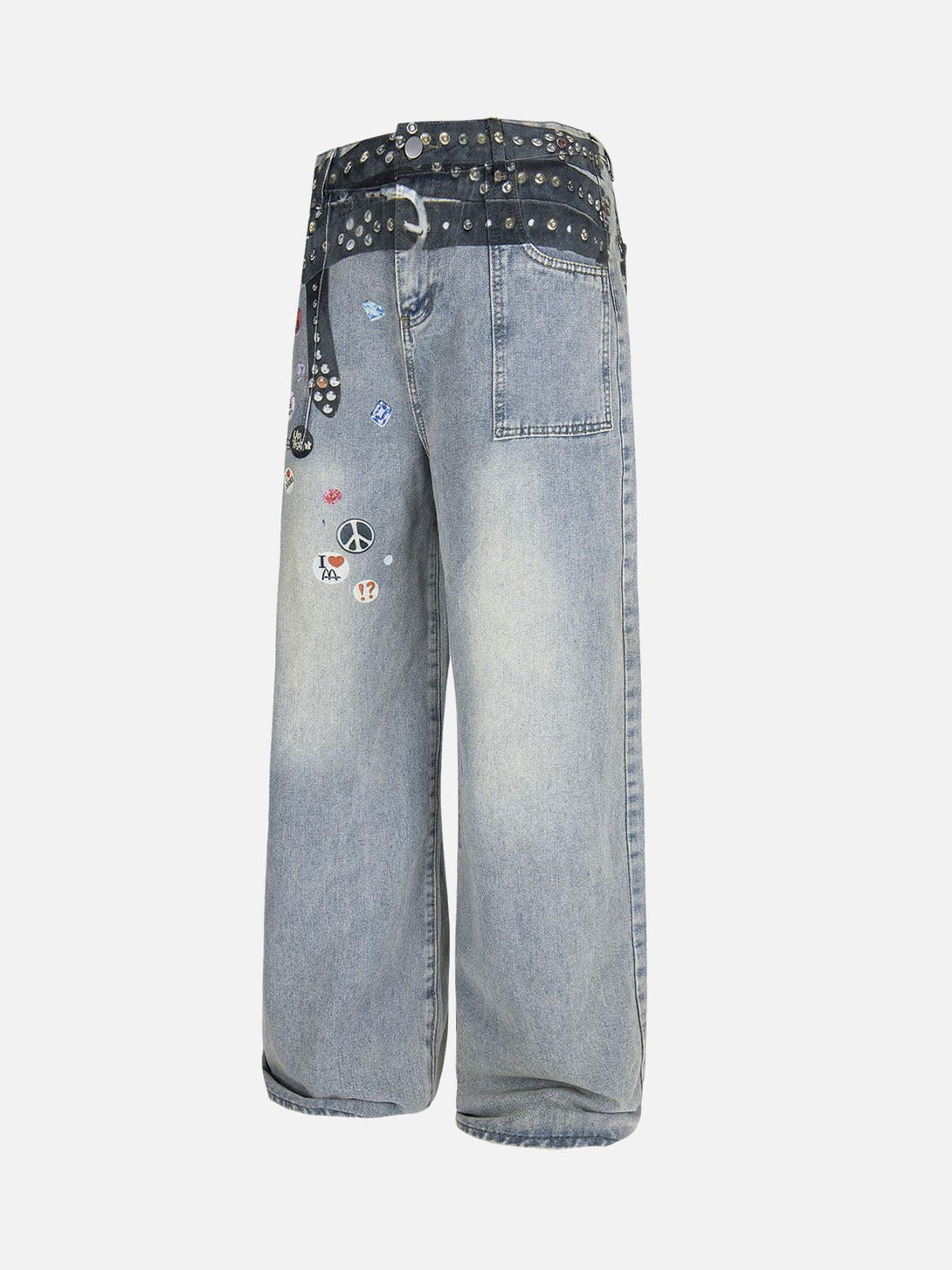 Back view of TALISHKO baggy jeans with playful prints and embellishments in a casual style.