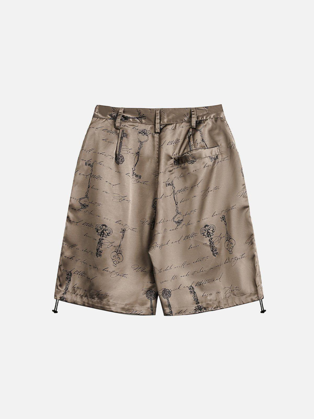 Silk shorts by TALISHKO, featuring a vintage key and script pattern, ideal for warm-weather style.