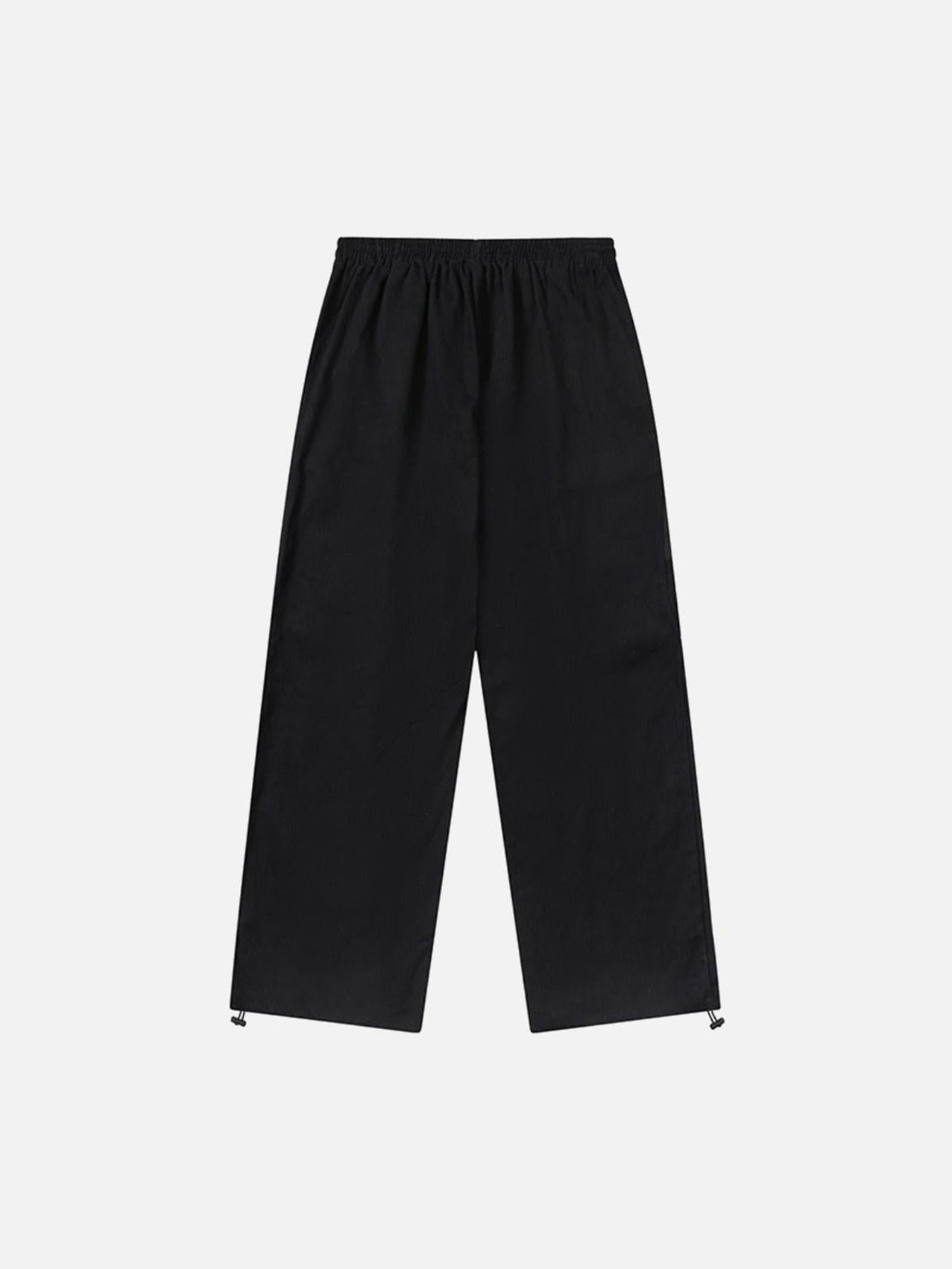 Back view of black cargo pants featuring drawstring and multi-pocket design by TALISHKO.