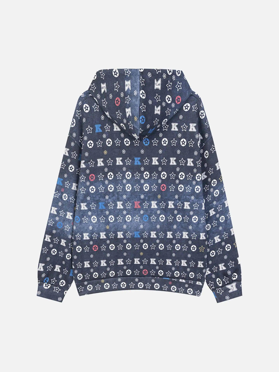 Back view of a TALISHKO hoodie showcasing a gradient pattern with colorful stars and letters.