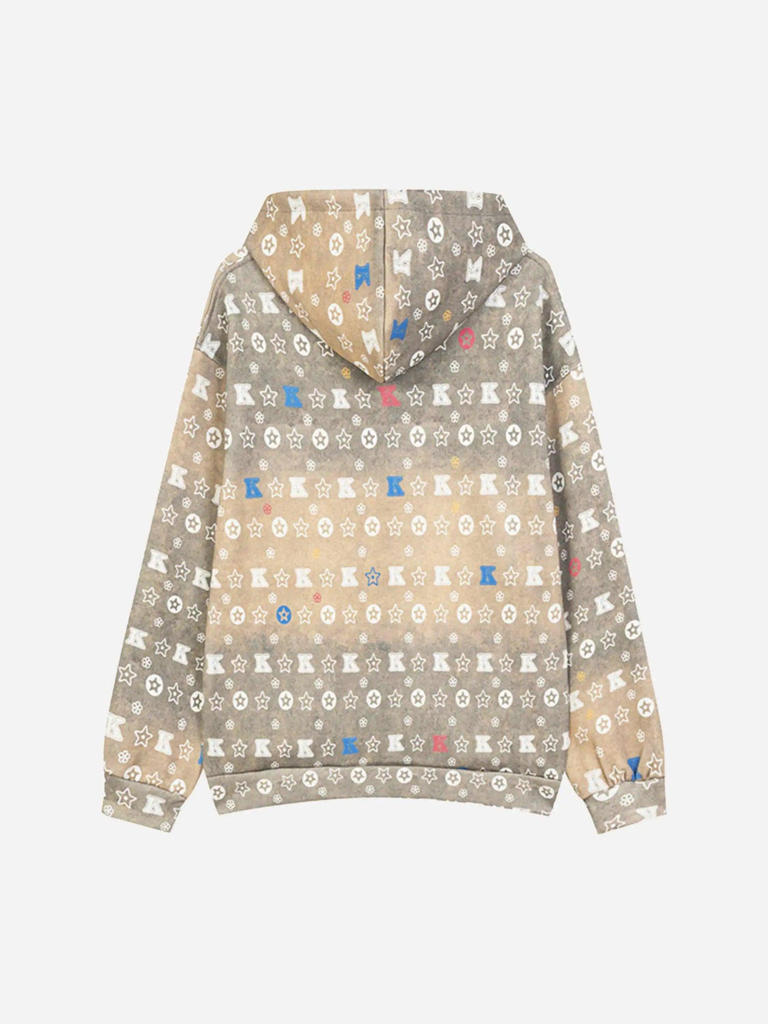 Back view of TALISHKO hoodie with gradient design and vibrant star and letter patterns.