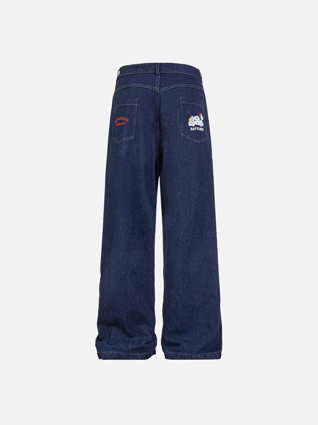 Back view of puppy embroidered jeans by TALISHKO, highlighting unique pocket designs.