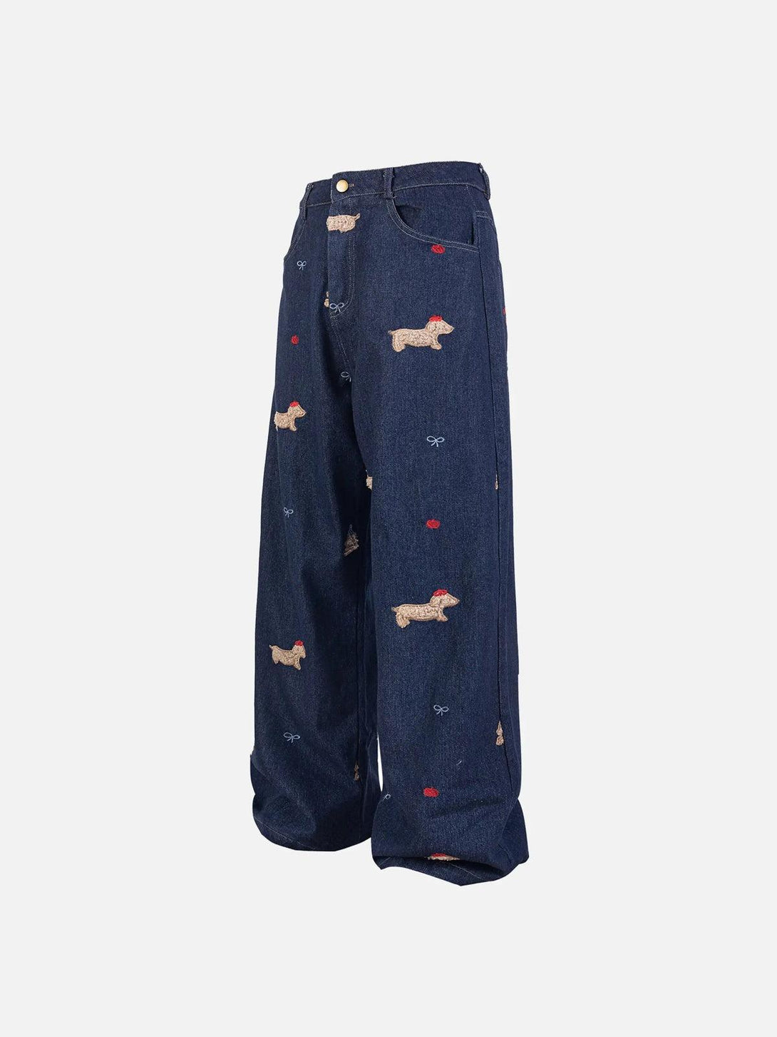 Side view of TALISHKO jeans with playful puppy embroidery, adding charm to casual wear.