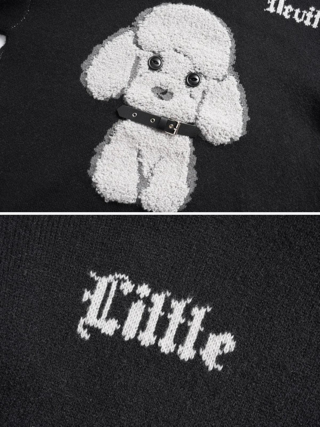 Intricate look at the playful puppy design on the black knit sweater by TALISHKO.