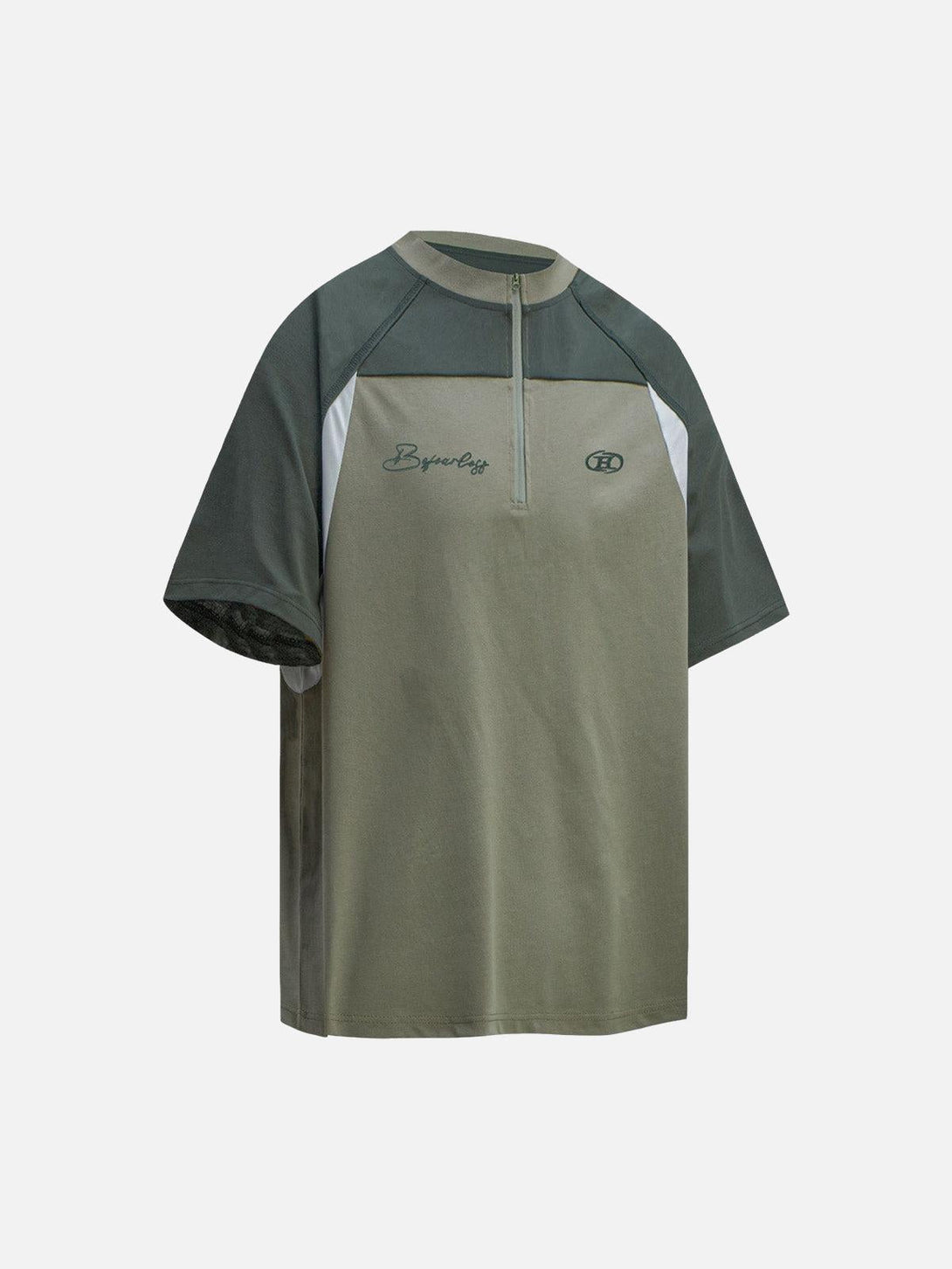 Quarter zip T-shirt in earthy tones by TALISHKO, featuring contrasting panels and sporty design.