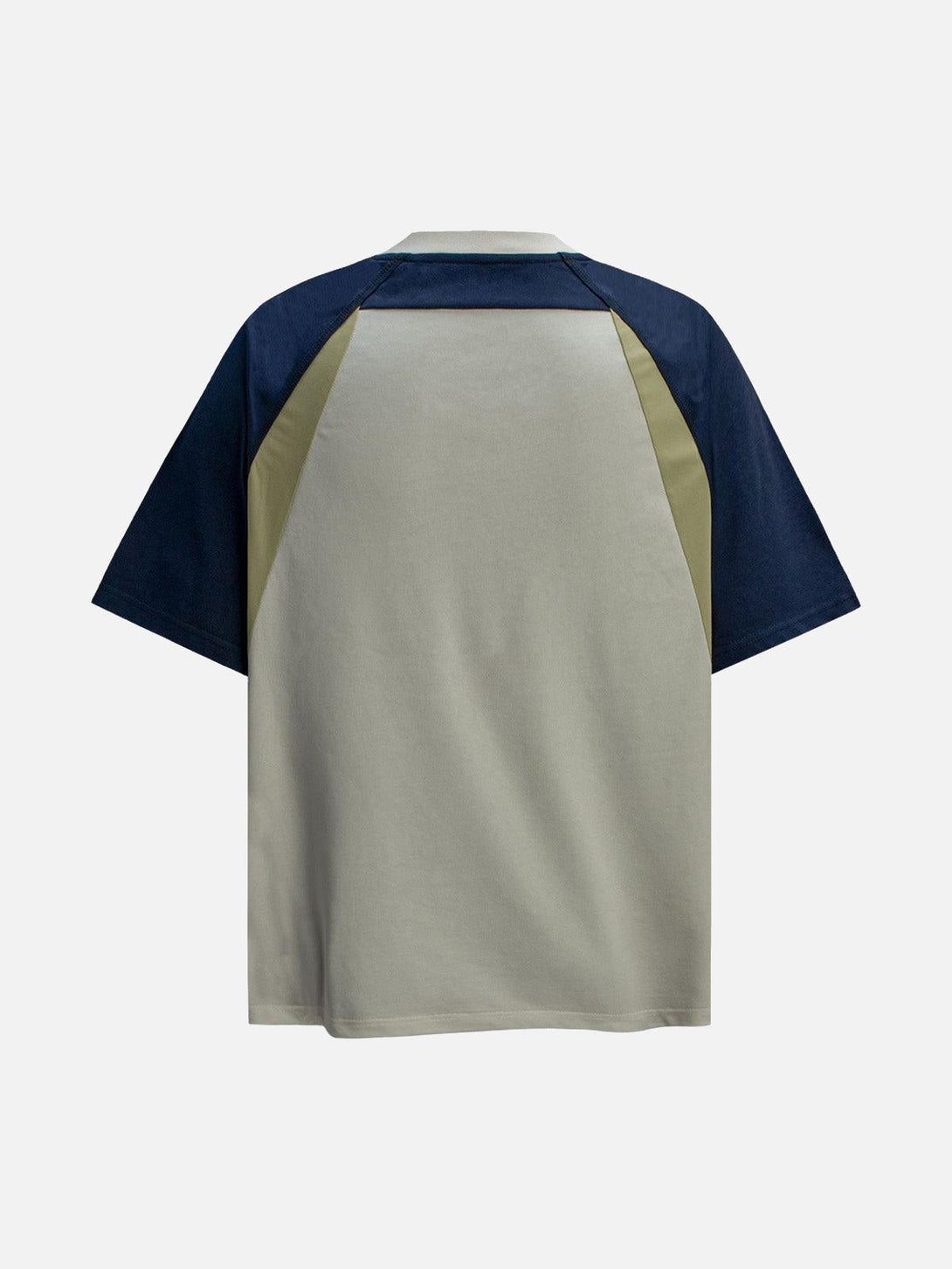 Back view of TALISHKO's quick-dry T-shirt with contrasting color panels and navy sleeves.