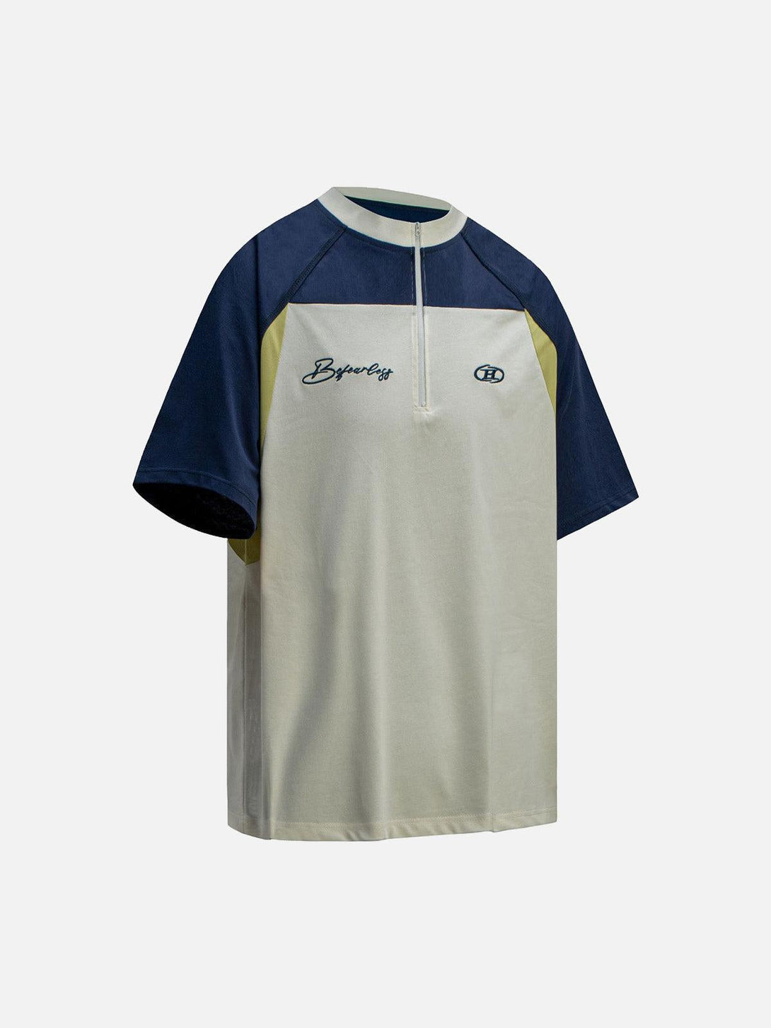 Quarter zip T-shirt by TALISHKO in neutral tones with contrasting navy sleeves.