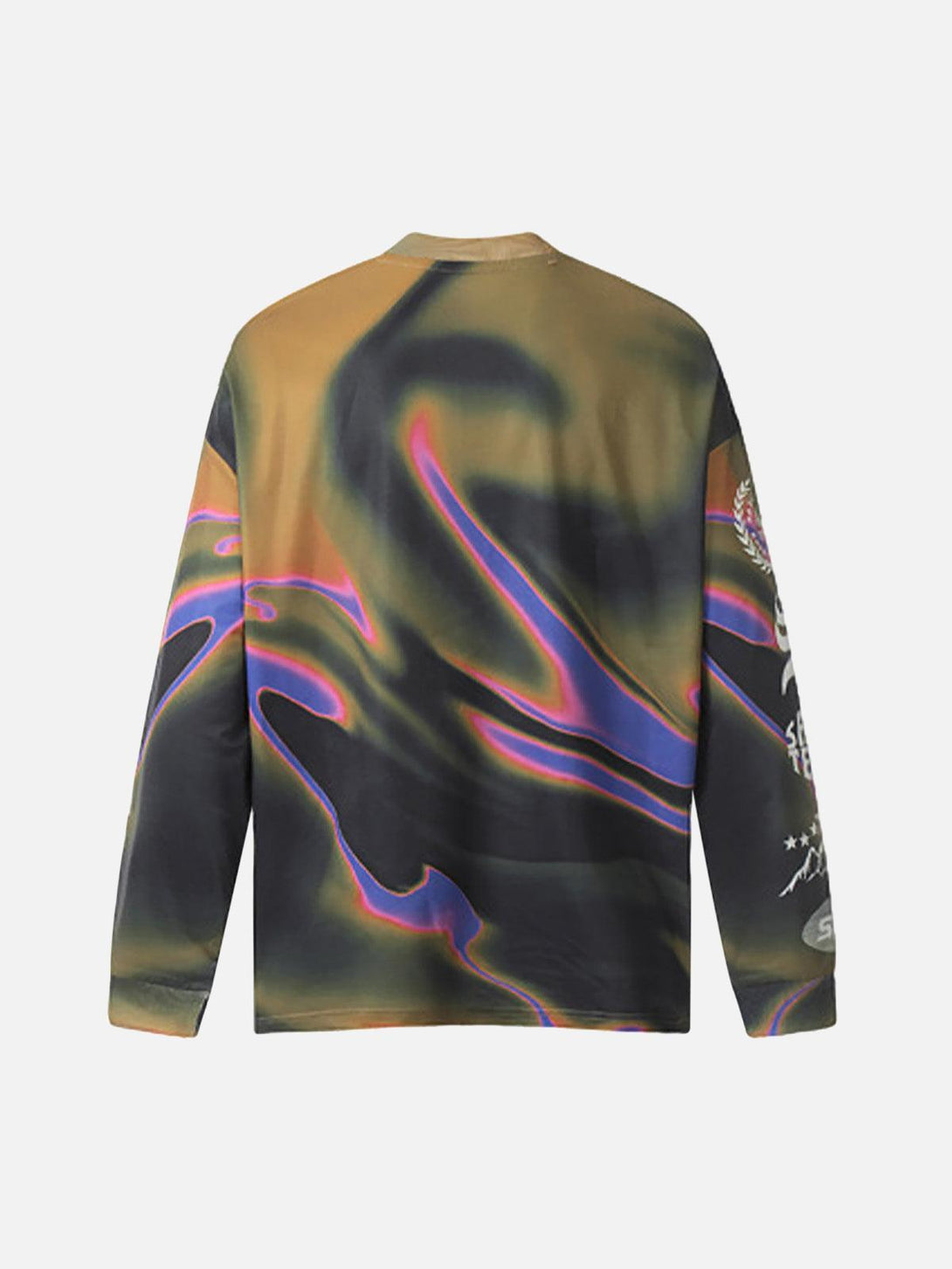 Back view of a colorful quick-dry racing long sleeve T-shirt by TALISHKO, featuring an abstract design.