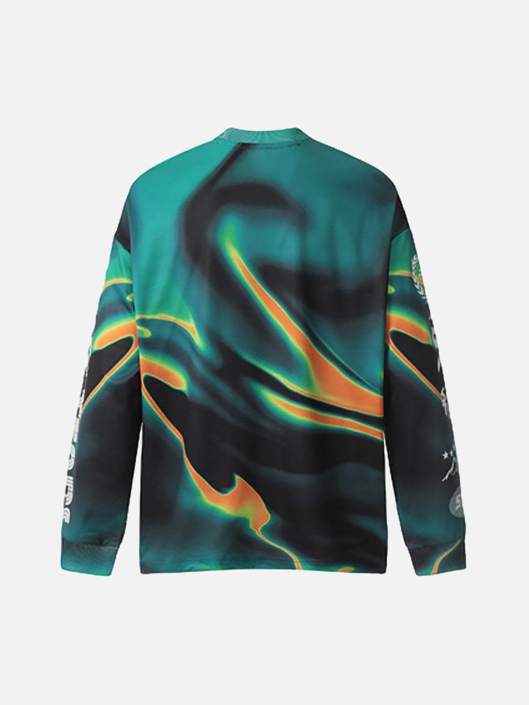 Back view of a vibrant quick-dry long sleeve T-shirt by TALISHKO, showcasing a dynamic pattern.