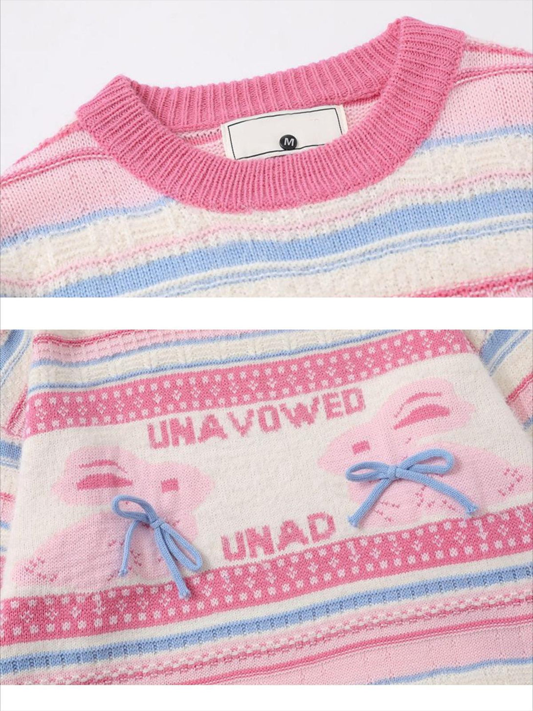 A detailed look at the TALISHKO sweater showcasing rabbit jacquard and bow accents in pink stripes.