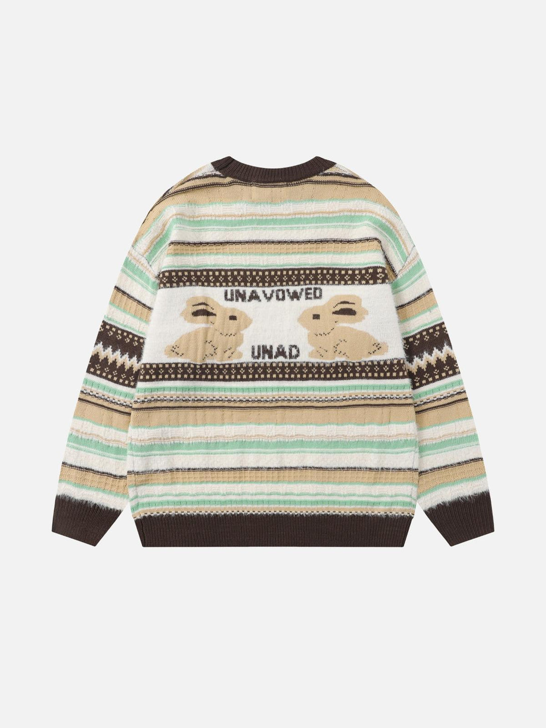 Back view of TALISHKO sweater featuring rabbit jacquard and decorative stripes in earthy tones.