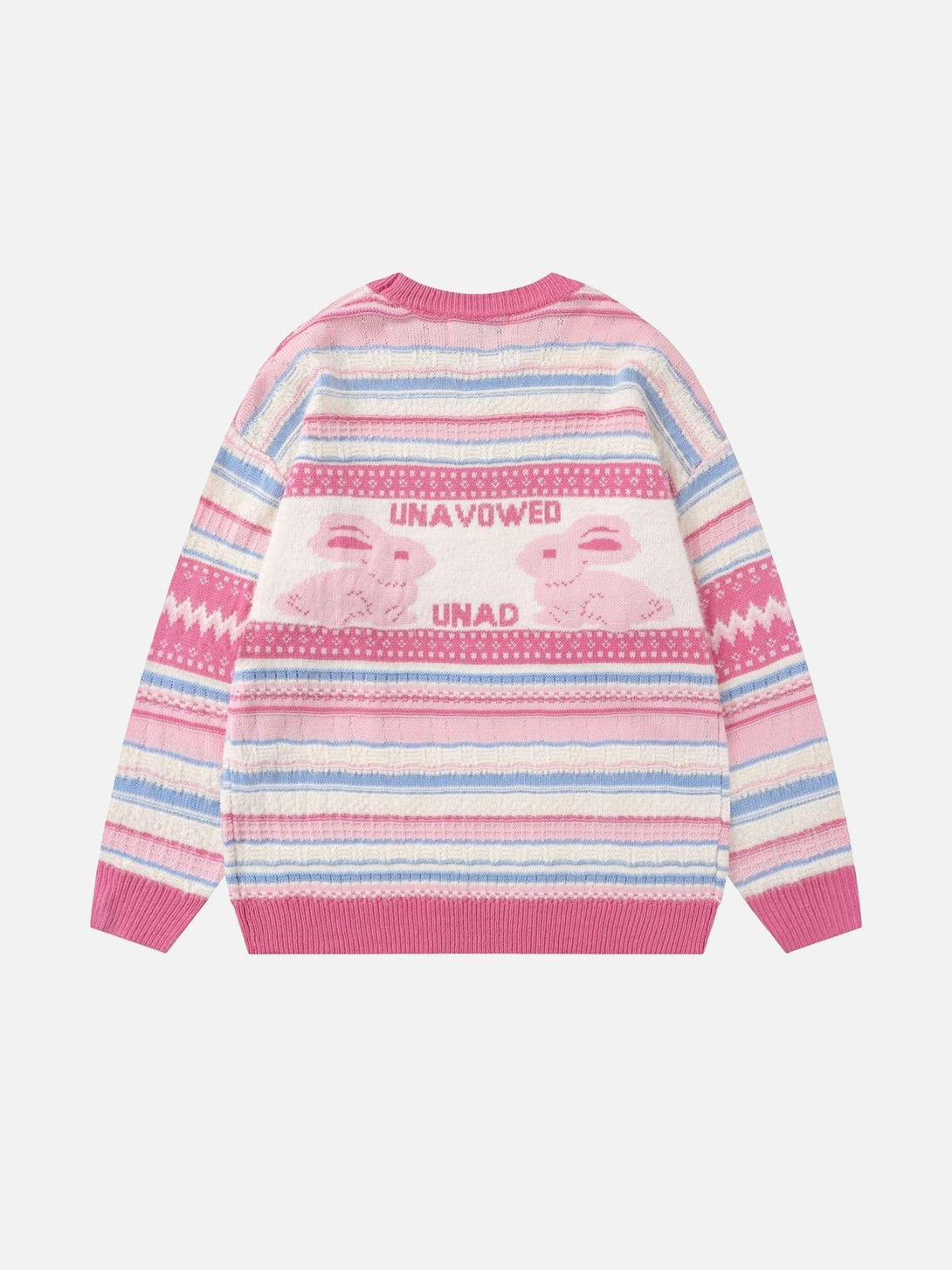 Back view of TALISHKO sweater featuring rabbit jacquard and decorative pink stripes.