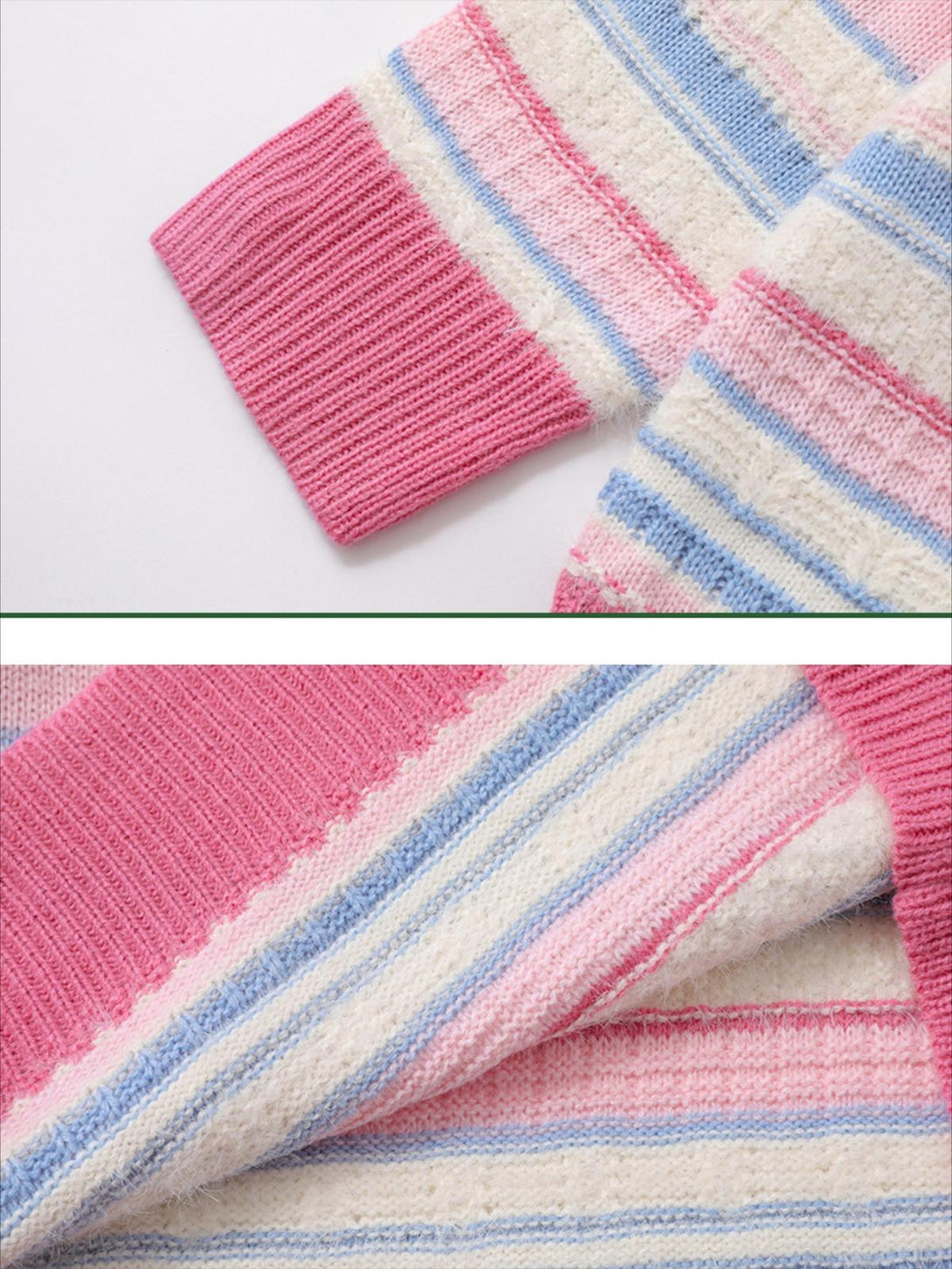 A close-up of the TALISHKO sweater's pink and blue striped texture and ribbed cuff detail.